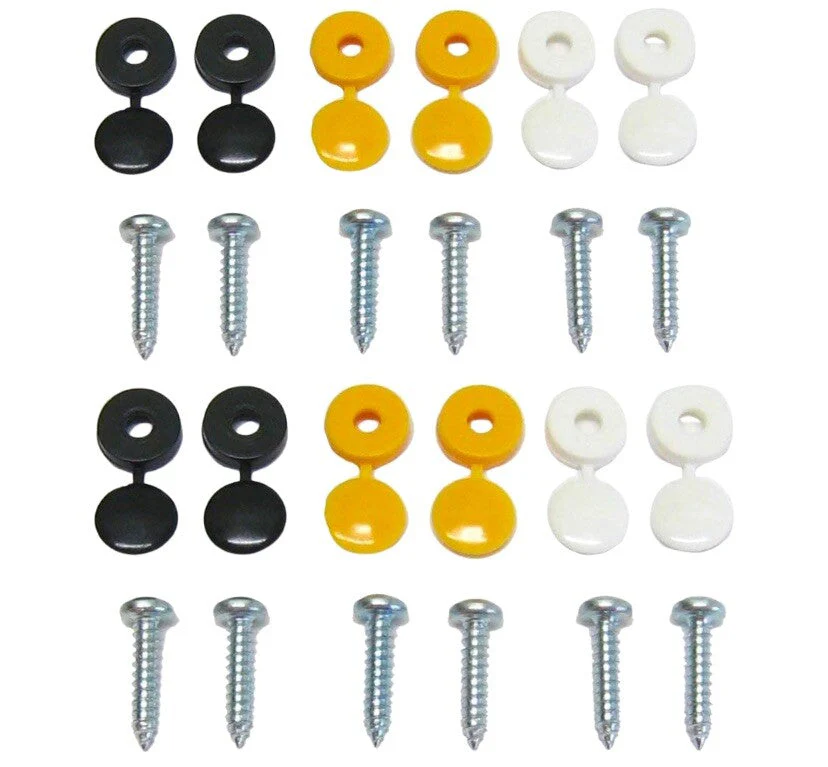 12 x NUMBER PLATE CAR FIXING FITTING KIT SCREWS & CAPS HINGED BLACK YELLOW WHITE