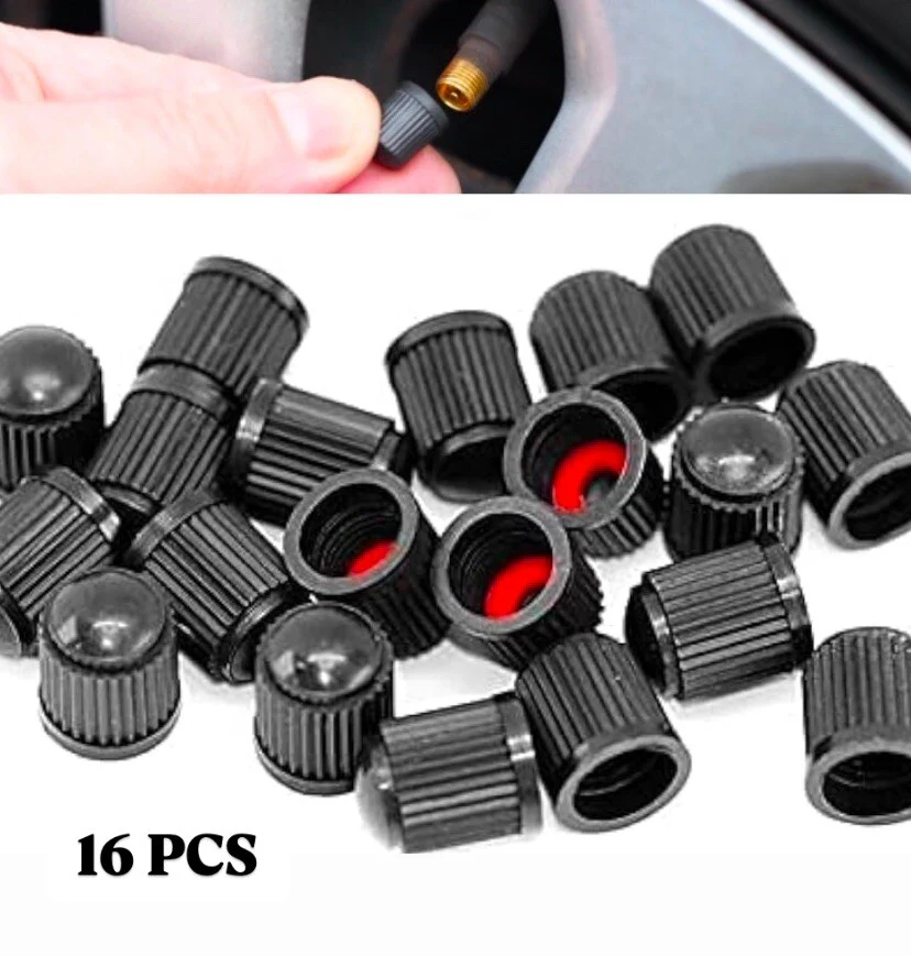 16x Black Tyre Valve Dust Caps With Internal Air Dust Water Seals Steel Alloys - Image 2
