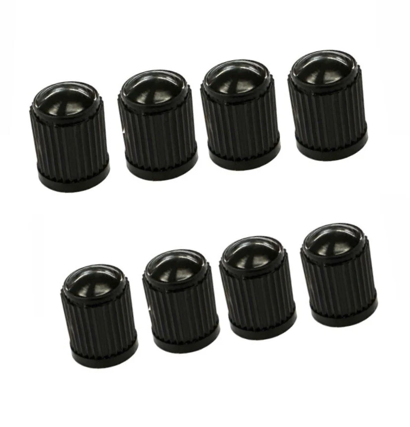 8x DUST AIR VALVE TYRE CAPS BLACK PLASTIC COVERS CAR BIKE WHEEL & MOTORBIKE NEW