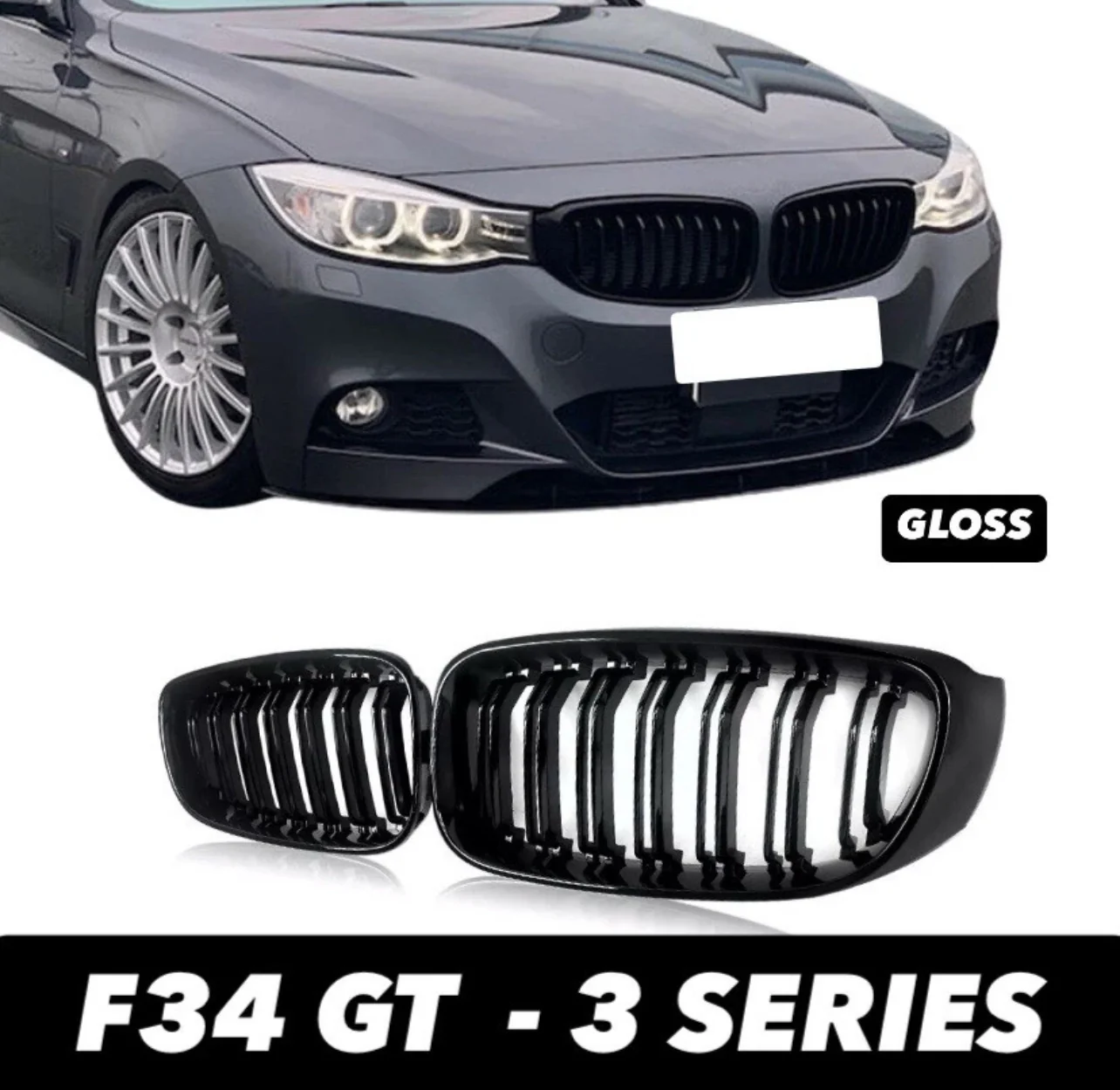 BMW 3 SERIES F34 GT GRAN TURISMO GLOSS BLACK FRONT KIDNEY GRILLES TWIN SPOKE - Image 2