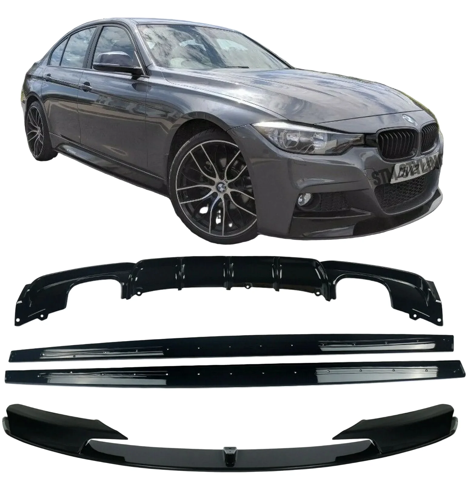 BMW F30 F31 GLOSS BLACK KIT 3 SERIES FRONT SPLITTER DIFFUSER SIDE EXTENSIONS STM