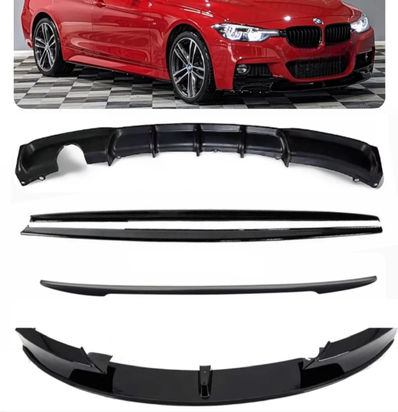 BMW F30 Kit 3 Series Gloss Black Bodykit Single Exit Lip Spoiler Splitter Diffuser