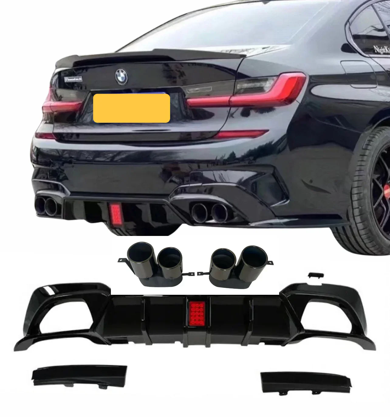 BMW G20 Kit Full Length Side Extensions Bodykit 3 Series Gloss Black Quad Led 2 Piece Splitter - Image 3