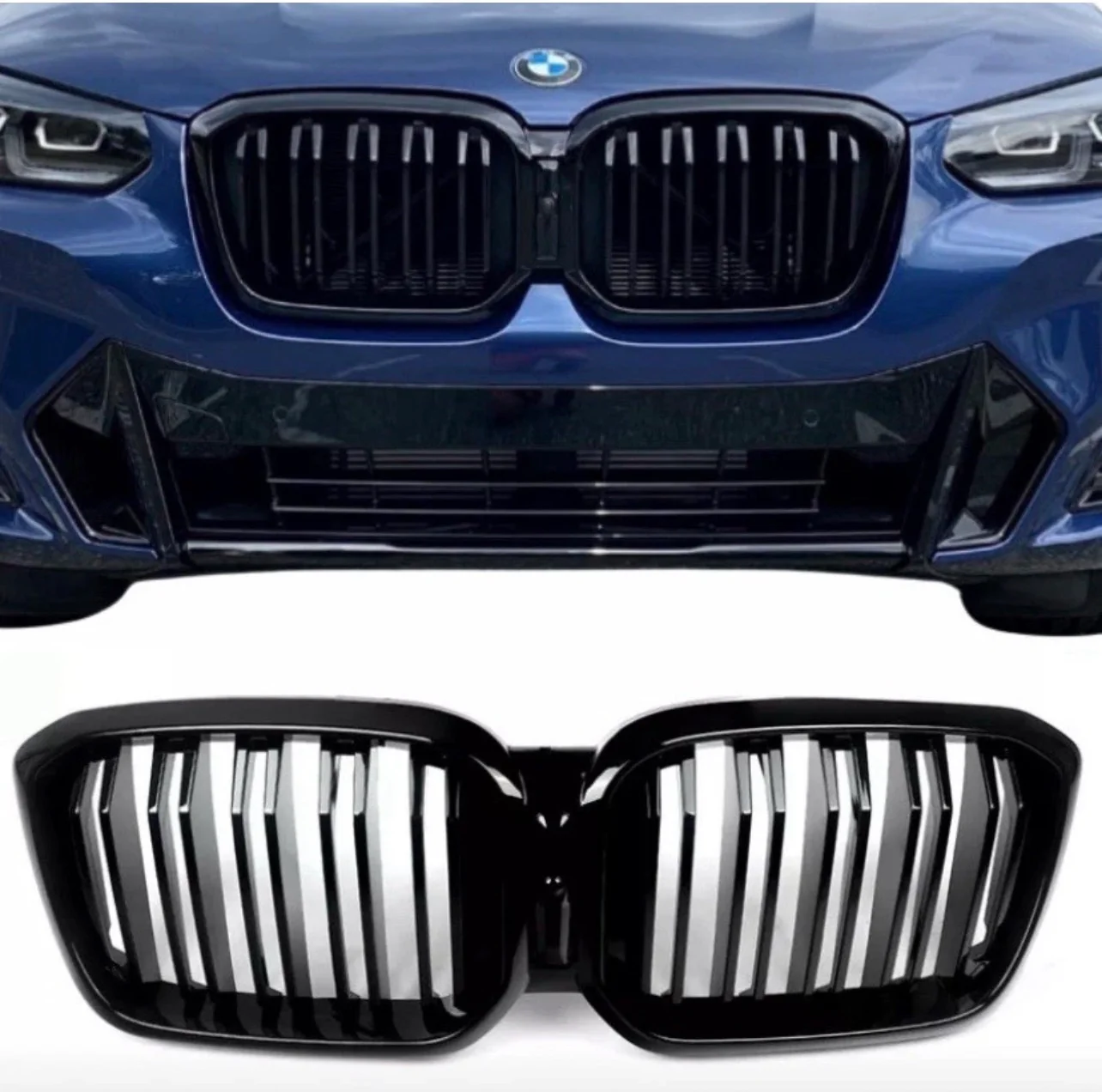BMW X3 G01 X4 G02 LCI Facelift Gloss Black Twin Slat Kidney Grille Grills 2022+ - Image 5
