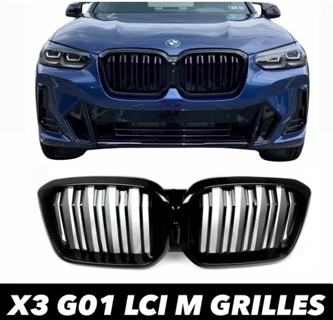 BMW X3 G01 X4 G02 LCI Facelift Gloss Black Twin Slat Kidney Grille Grills 2022+ - Image 6